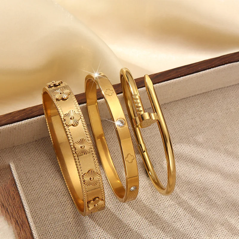 3pcs/1pc Fashion 18K Gold Plated Stainless Steel Nail Bracelet for Women Luxury Cubic Zirconia Bangle Daily Wear Jewelry