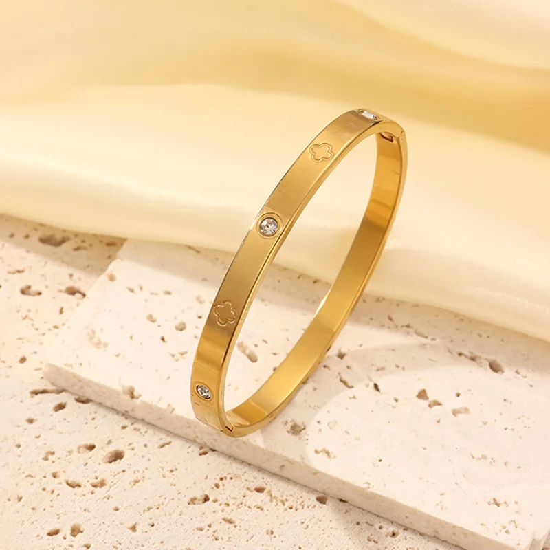 3pcs/1pc Fashion 18K Gold Plated Stainless Steel Nail Bracelet for Women Luxury Cubic Zirconia Bangle Daily Wear Jewelry