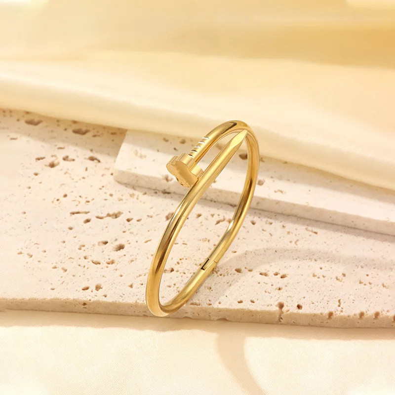 3pcs/1pc Fashion 18K Gold Plated Stainless Steel Nail Bracelet for Women Luxury Cubic Zirconia Bangle Daily Wear Jewelry
