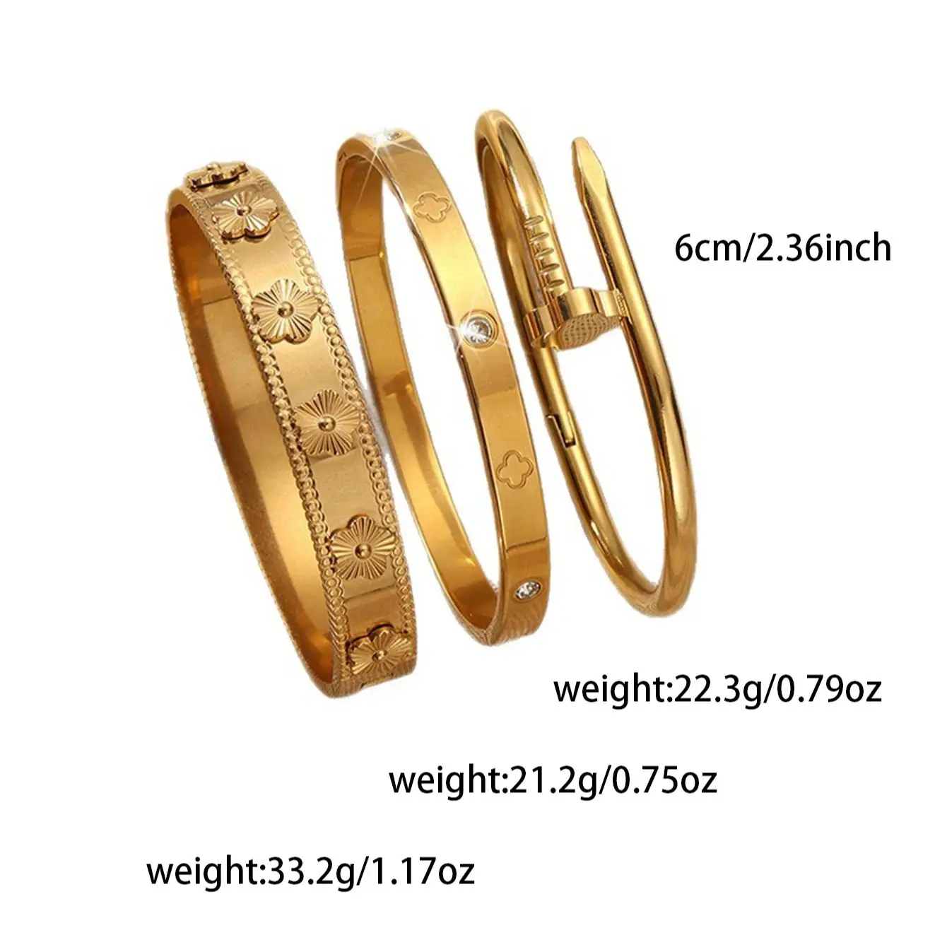 3pcs/1pc Fashion 18K Gold Plated Stainless Steel Nail Bracelet for Women Luxury Cubic Zirconia Bangle Daily Wear Jewelry