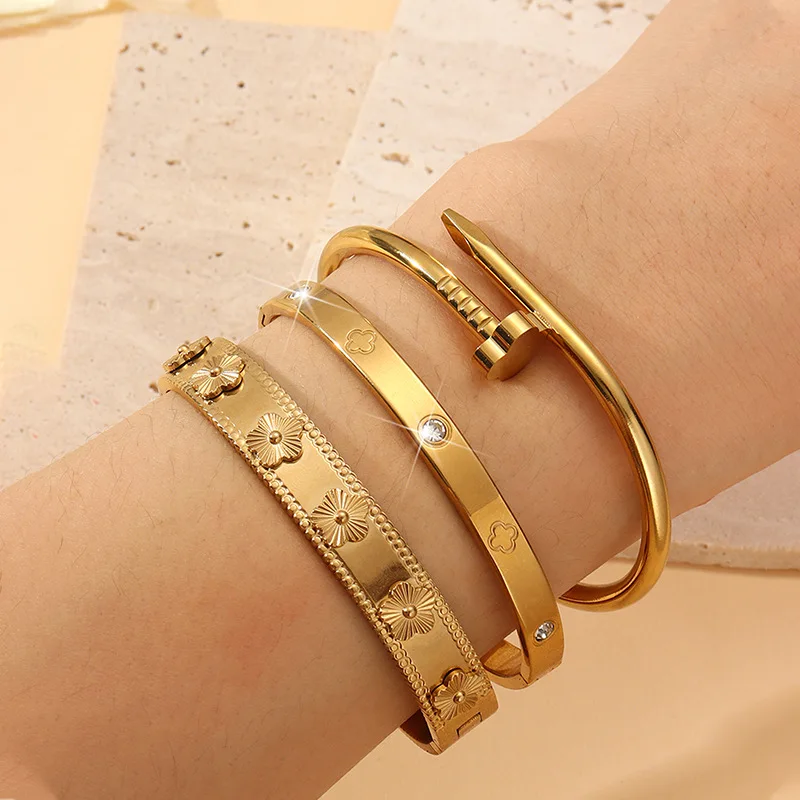 3pcs/1pc Fashion 18K Gold Plated Stainless Steel Nail Bracelet for Women Luxury Cubic Zirconia Bangle Daily Wear Jewelry
