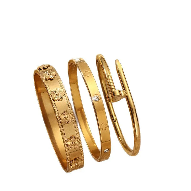 3pcs/1pc Fashion 18K Gold Plated Stainless Steel Nail Bracelet for Women Luxury Cubic Zirconia Bangle Daily Wear Jewelry
