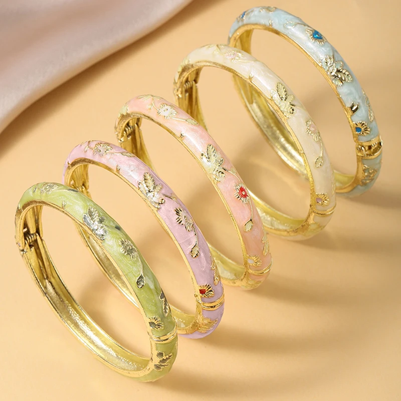 Jardme 5Pcs Enamel Dropped Glaze Flower Bracelet For Women Classic Vintage Cloisonne Open Bangles Elegant Bohemian Jewelry Gifts