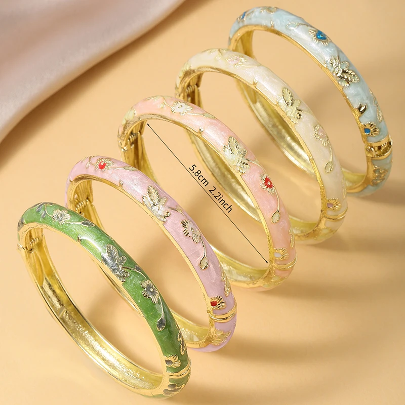 Jardme 5Pcs Enamel Dropped Glaze Flower Bracelet For Women Classic Vintage Cloisonne Open Bangles Elegant Bohemian Jewelry Gifts