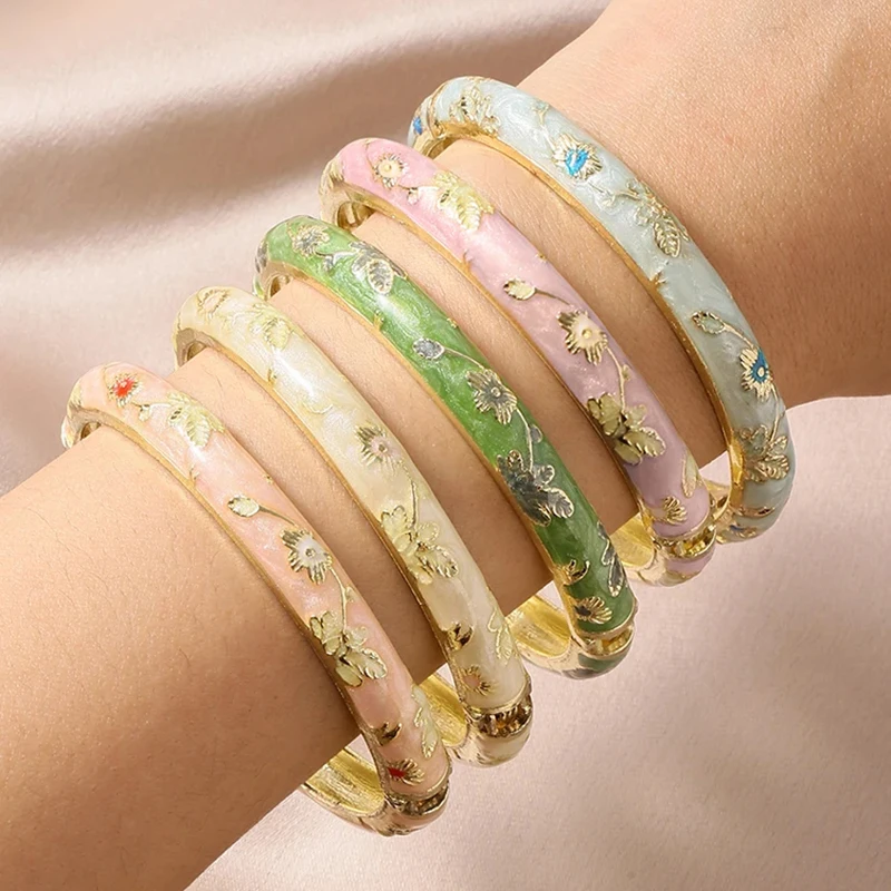 Jardme 5Pcs Enamel Dropped Glaze Flower Bracelet For Women Classic Vintage Cloisonne Open Bangles Elegant Bohemian Jewelry Gifts