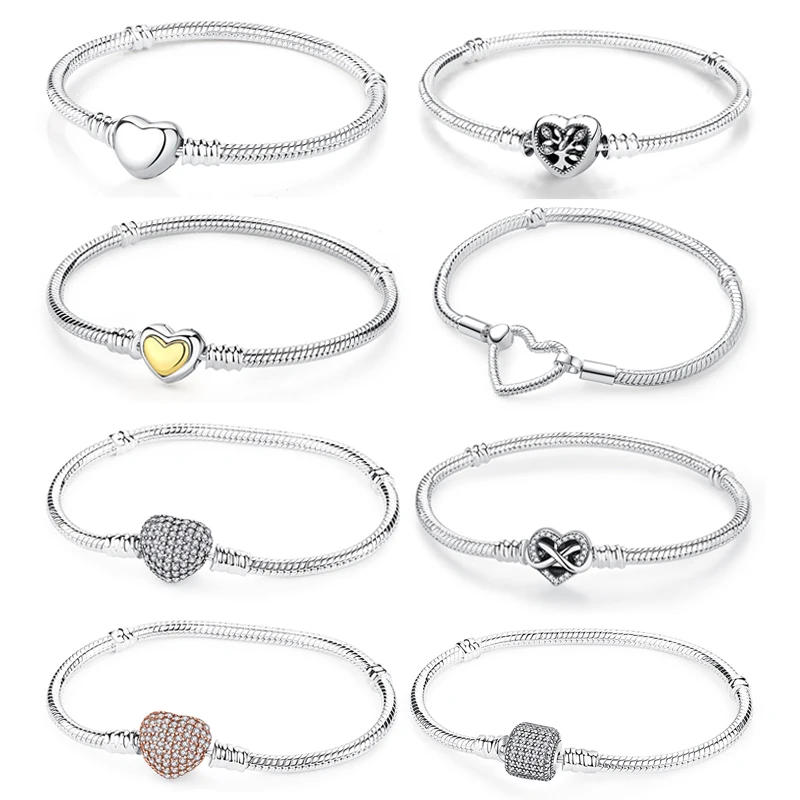 925 Sterling Silver Bracelets Bangles Original Love Heart Clasp Charms Beads Snake Chain Luxury DIY Jewelry For Women Gift 925 Sterling Silver Bracelets Bangles Original Love Heart Clasp Charms Beads Snake Chain Luxury DIY Jewelry For Women Gift