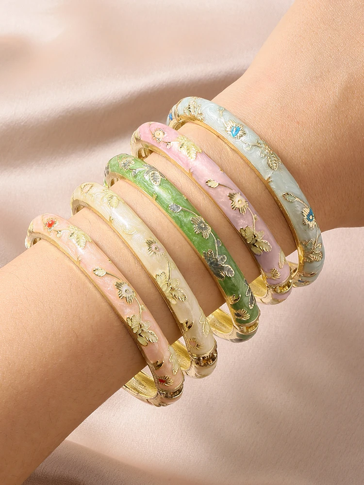 FTCY 5PCS Fine Small Flower Cloisonne Enamel Bangles For Women Vintage Bohemian Oil-drop Bracelet Elegant Jewelry Gifts