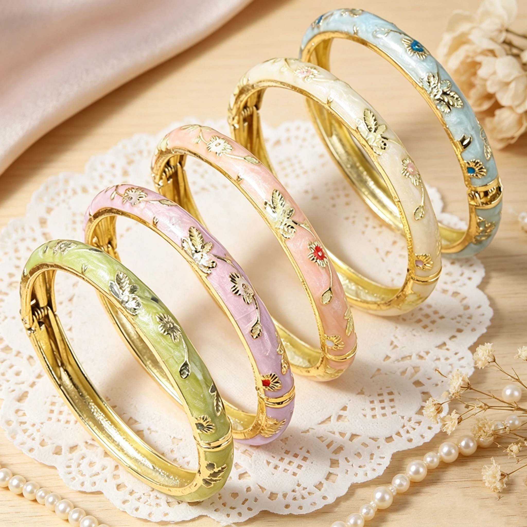 FTCY Vintage Fine Small Flower Bracelet Set For Women Ethnic Style Gold Color Plated Cloisonne Bangles Luxury Jewelry Gifts FTCY Vintage Fine Small Flower Bracelet Set For Women Ethnic Style Gold Color Plated Cloisonne Bangles Luxury Jewelry Gifts