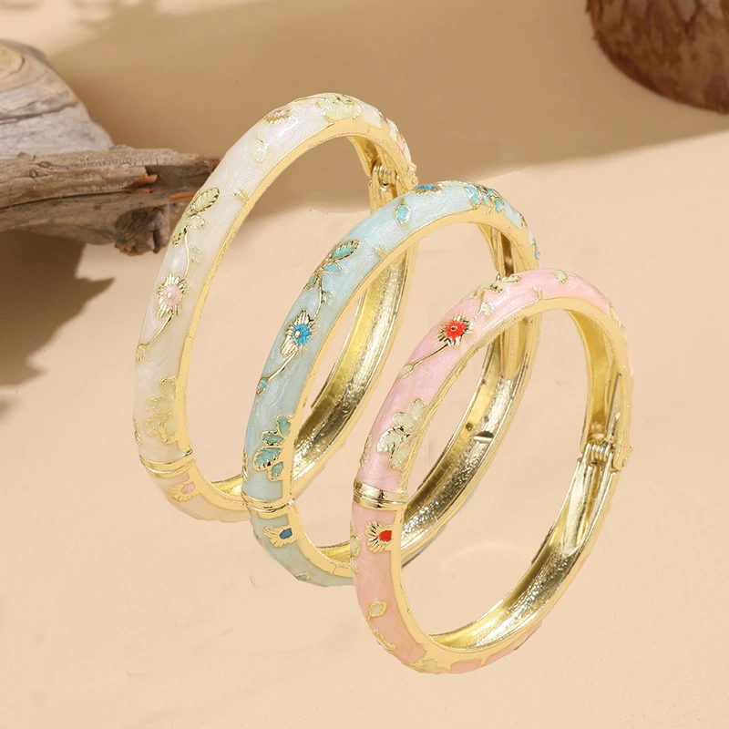 FTCY Vintage Fine Small Flower Bracelet Set For Women Ethnic Style Gold Color Plated Cloisonne Bangles Luxury Jewelry Gifts