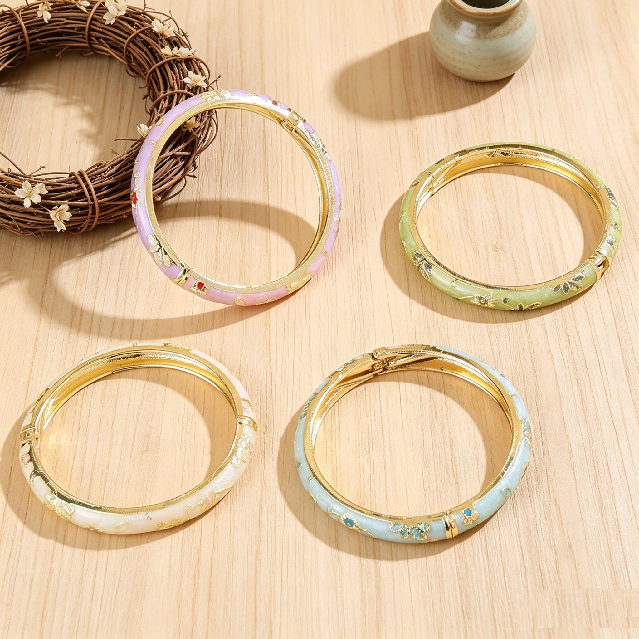 FTCY Vintage Fine Small Flower Bracelet Set For Women Ethnic Style Gold Color Plated Cloisonne Bangles Luxury Jewelry Gifts FTCY Vintage Fine Small Flower Bracelet Set For Women Ethnic Style Gold Color Plated Cloisonne Bangles Luxury Jewelry Gifts