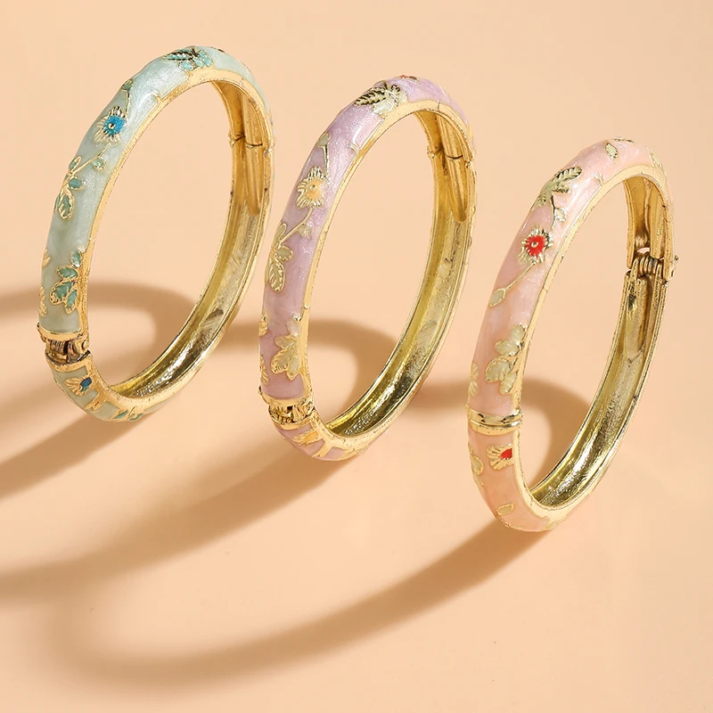 FTCY Vintage Fine Small Flower Bracelet Set For Women Ethnic Style Gold Color Plated Cloisonne Bangles Luxury Jewelry Gifts