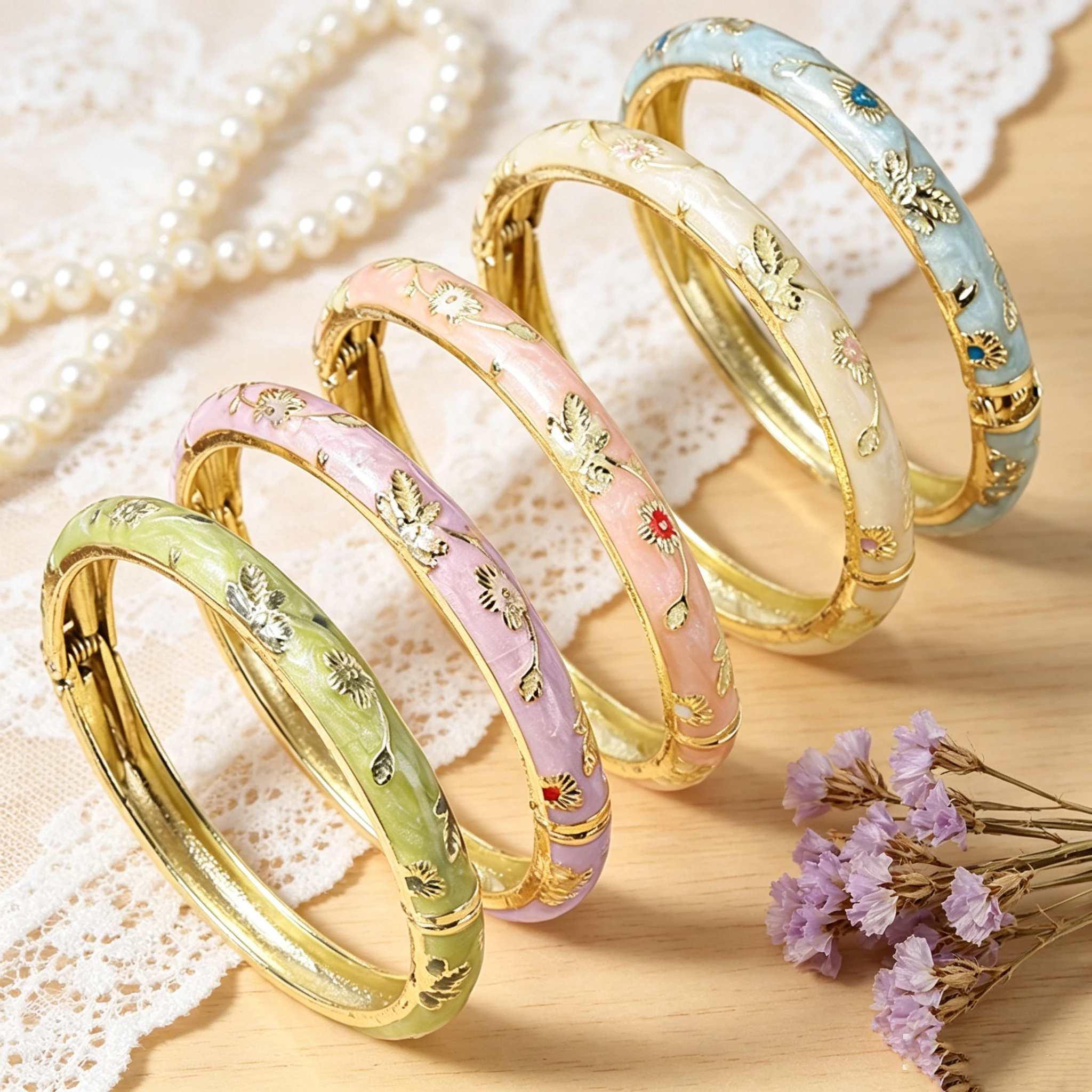 FTCY Vintage Fine Small Flower Bracelet Set For Women Ethnic Style Gold Color Plated Cloisonne Bangles Luxury Jewelry Gifts FTCY Vintage Fine Small Flower Bracelet Set For Women Ethnic Style Gold Color Plated Cloisonne Bangles Luxury Jewelry Gifts