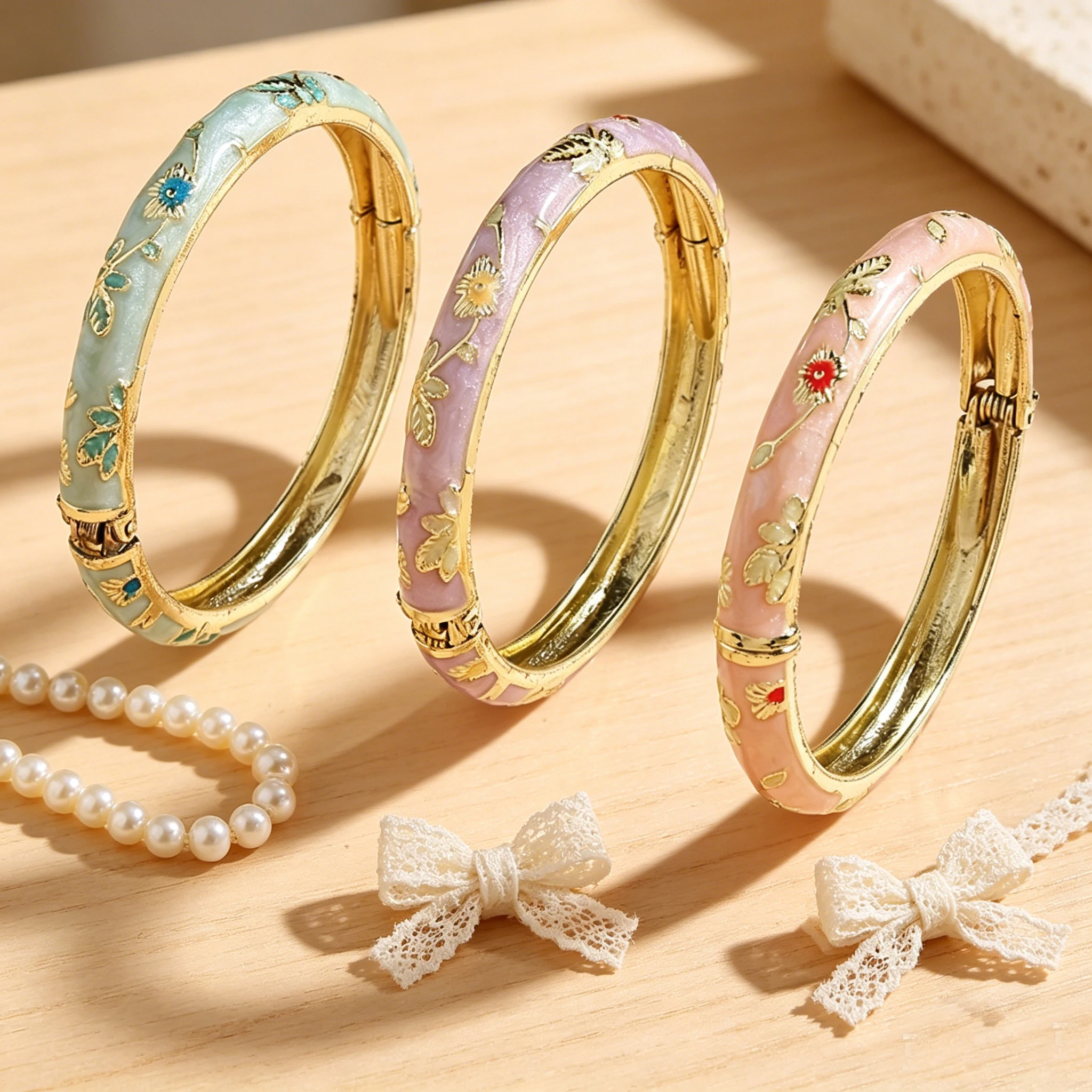 FTCY Vintage Fine Small Flower Bracelet Set For Women Ethnic Style Gold Color Plated Cloisonne Bangles Luxury Jewelry Gifts FTCY Vintage Fine Small Flower Bracelet Set For Women Ethnic Style Gold Color Plated Cloisonne Bangles Luxury Jewelry Gifts