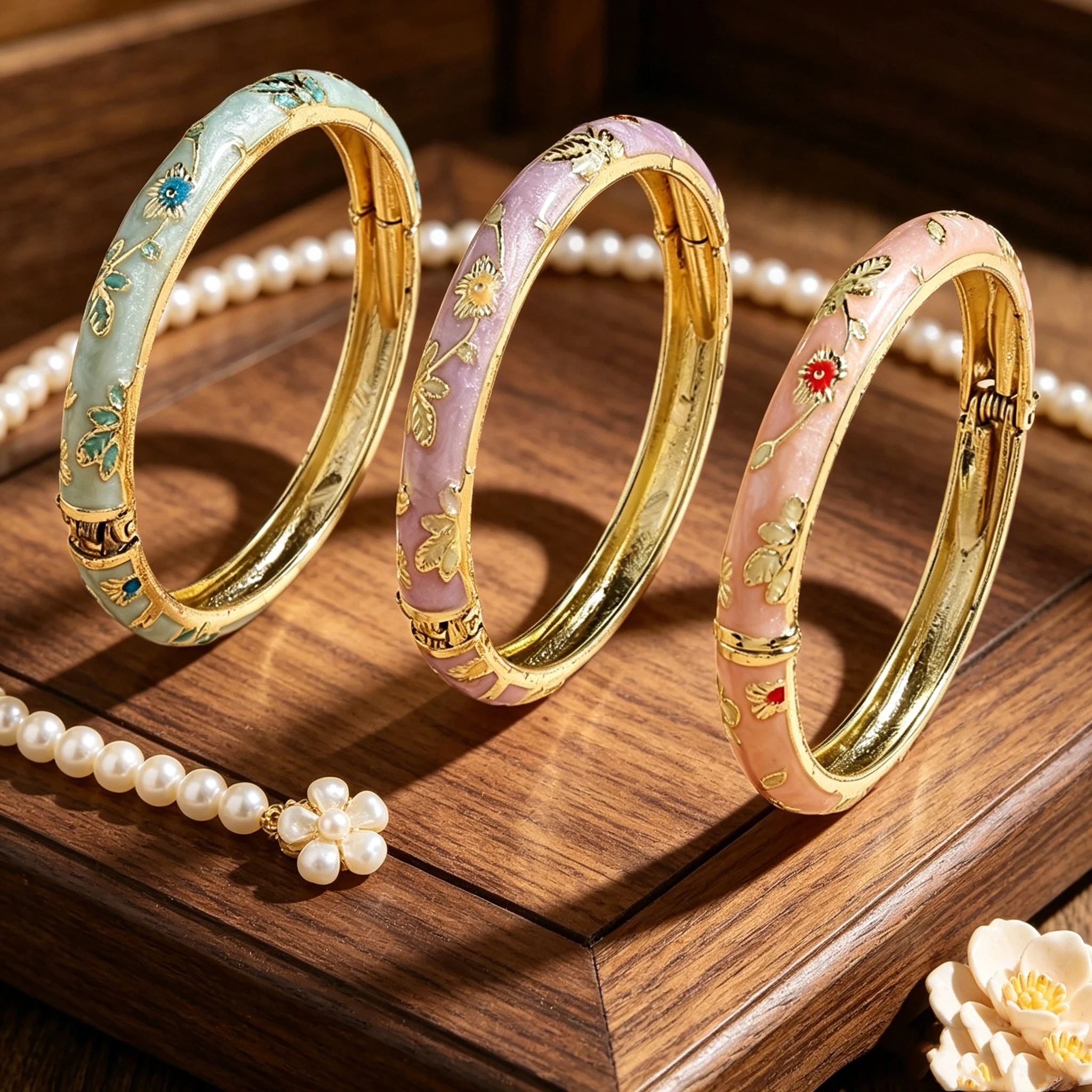 FTCY Vintage Fine Small Flower Bracelet Set For Women Ethnic Style Gold Color Plated Cloisonne Bangles Luxury Jewelry Gifts FTCY Vintage Fine Small Flower Bracelet Set For Women Ethnic Style Gold Color Plated Cloisonne Bangles Luxury Jewelry Gifts