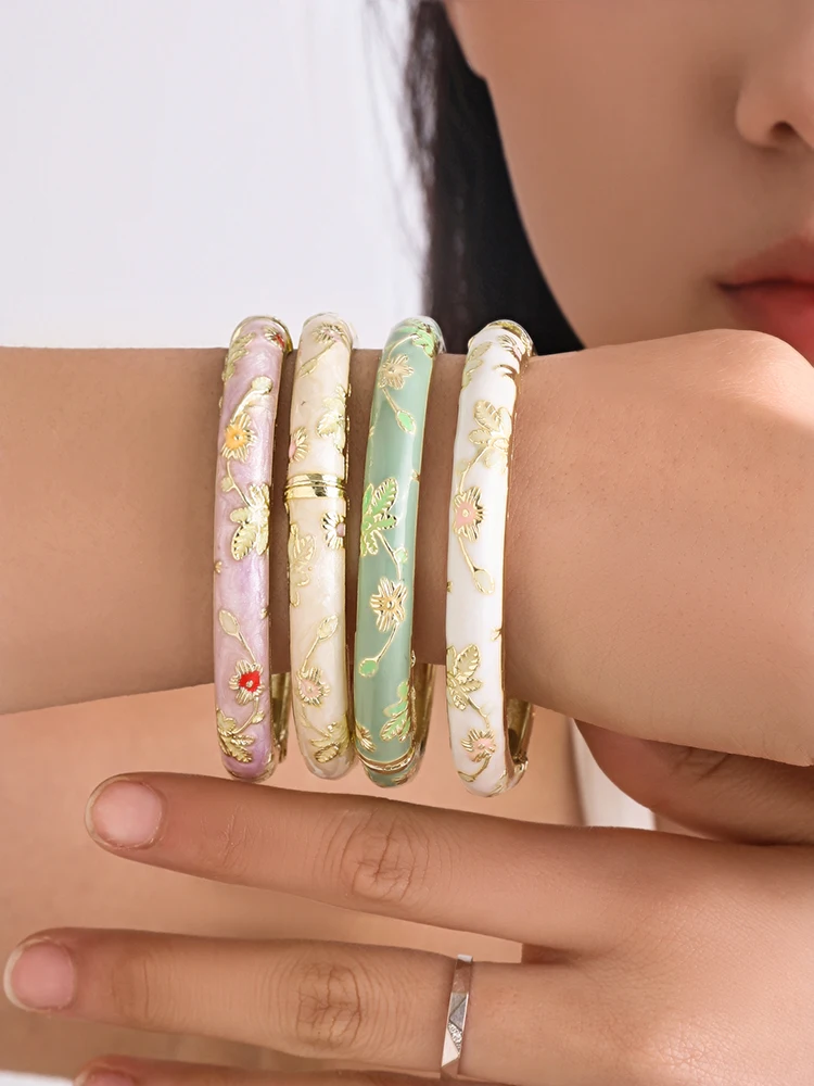 FTCY Vintage Fine Small Flower Bracelet Set For Women Ethnic Style Gold Color Plated Cloisonne Bangles Luxury Jewelry Gifts
