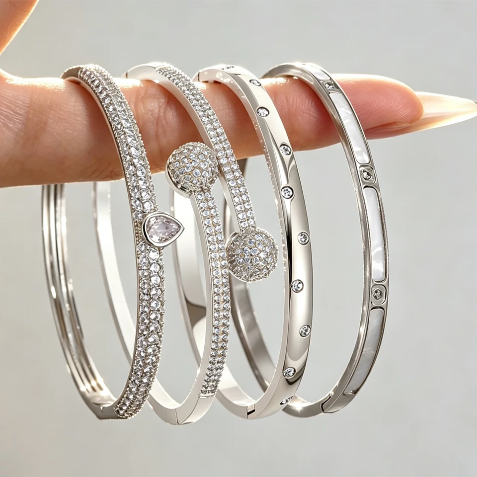 Yupsk 4/1pcs Brilliant Micro Paved Zirconia Copper Stainless Steel Bracelets Set for Women Elegant Wedding Party Jewelry