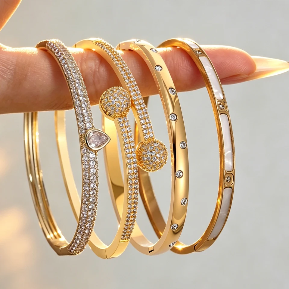 Yupsk 4/1pcs Brilliant Micro Paved Zirconia Copper Stainless Steel Bracelets Set for Women Elegant Wedding Party Jewelry
