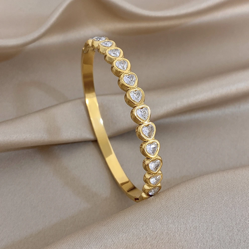 3pcs/set Leaf-shaped Wavy Open Bracelet Plated Gold Love Shape Rhinestone Inlaid Women's Stainless Steel Versatile Cuff Bangles