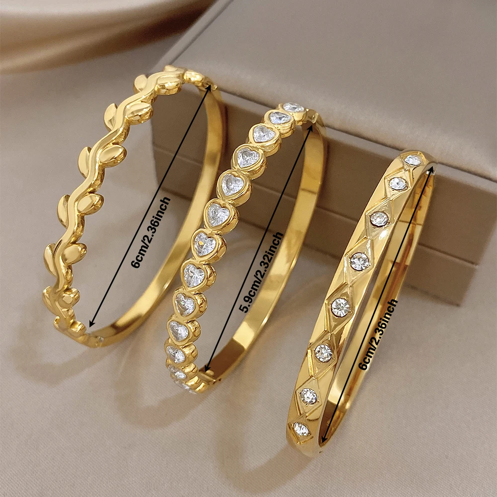 3pcs/set Leaf-shaped Wavy Open Bracelet Plated Gold Love Shape Rhinestone Inlaid Women's Stainless Steel Versatile Cuff Bangles
