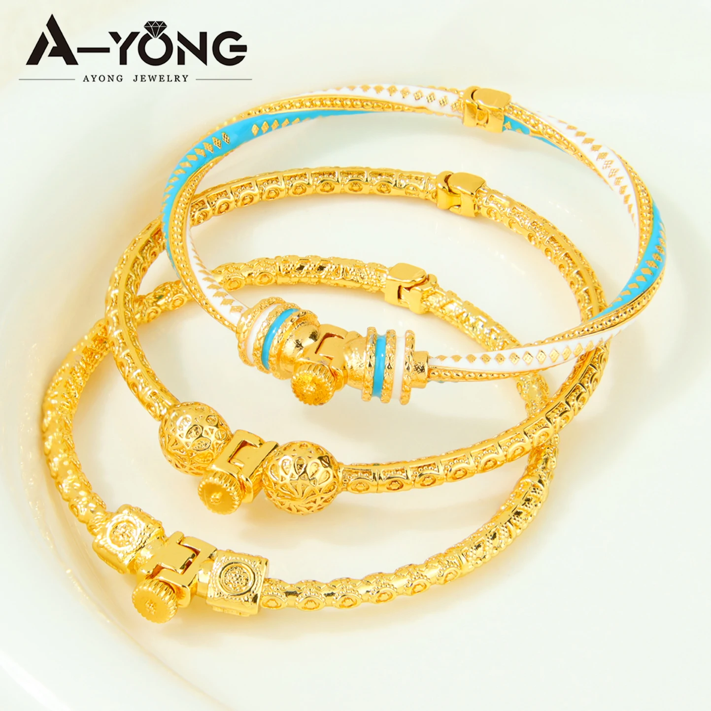 Ethiopia Classic Turquoise Bracelet 21k Gold Plated Dubai Charm Opening Bangles Oman Women Bridal Wedding Party Jewelry