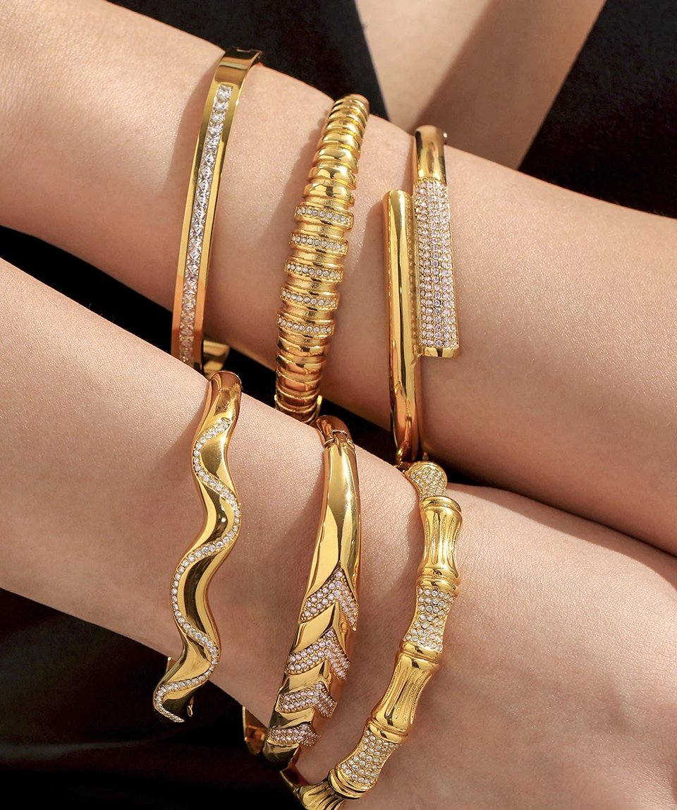 6 Models 316L Stainless Steel Bracelet Bangles For Women 18k Gold Plated With Shiny Zircon Non Tarnish Womne's Bracelets Bangle