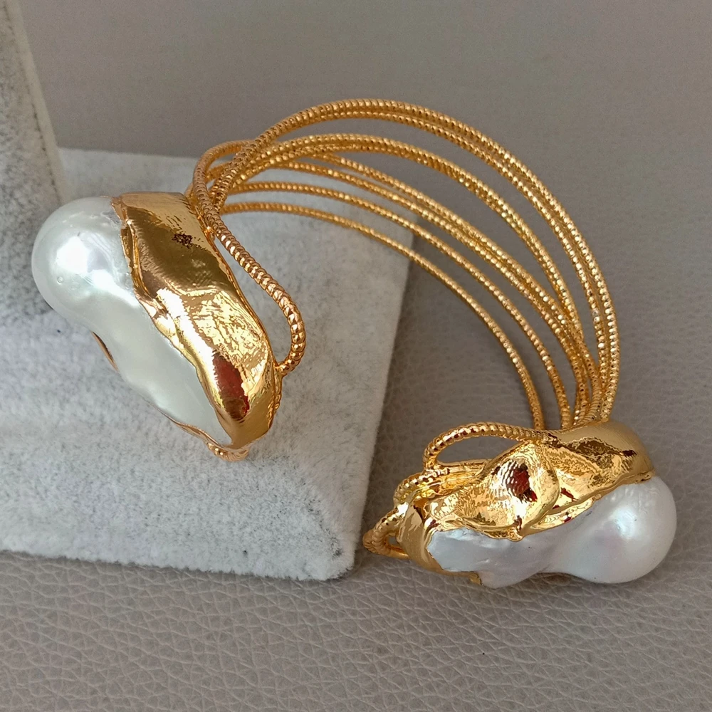 Y.YING Cultured White Keshi Pearl Bangle Gold Color Plated Bracelet