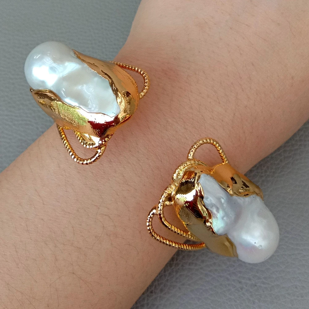 Y.YING Cultured White Keshi Pearl Bangle Gold Color Plated Bracelet