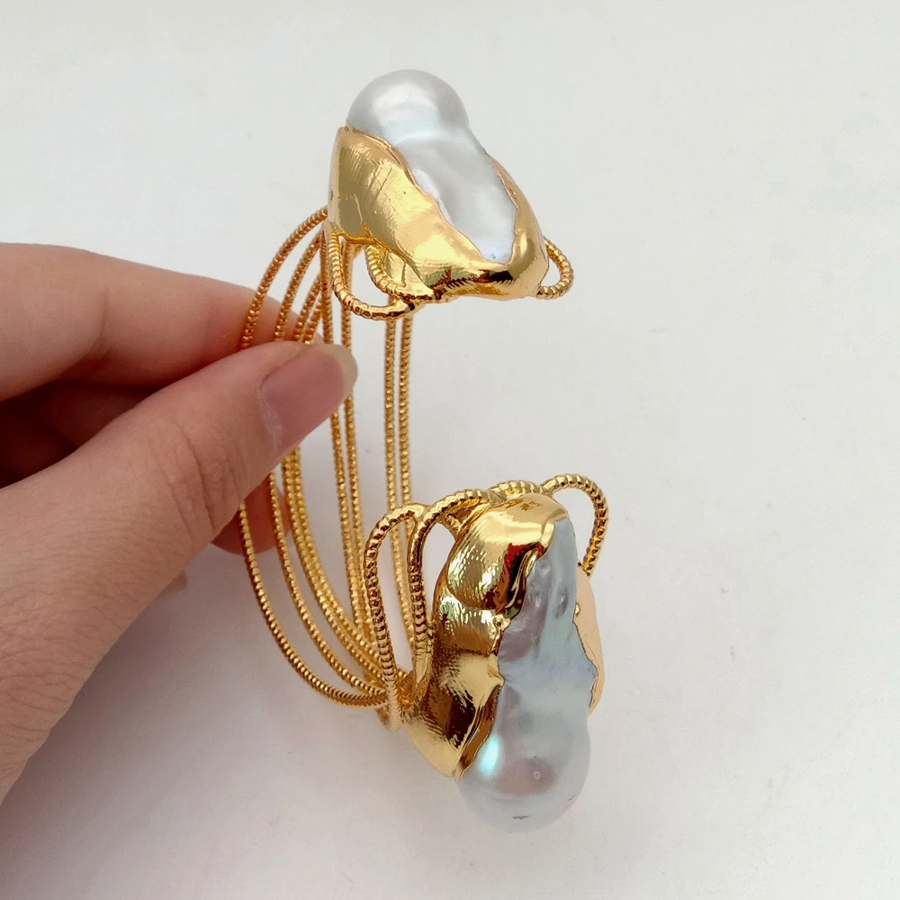 Y.YING Cultured White Keshi Pearl Bangle Gold Color Plated Bracelet