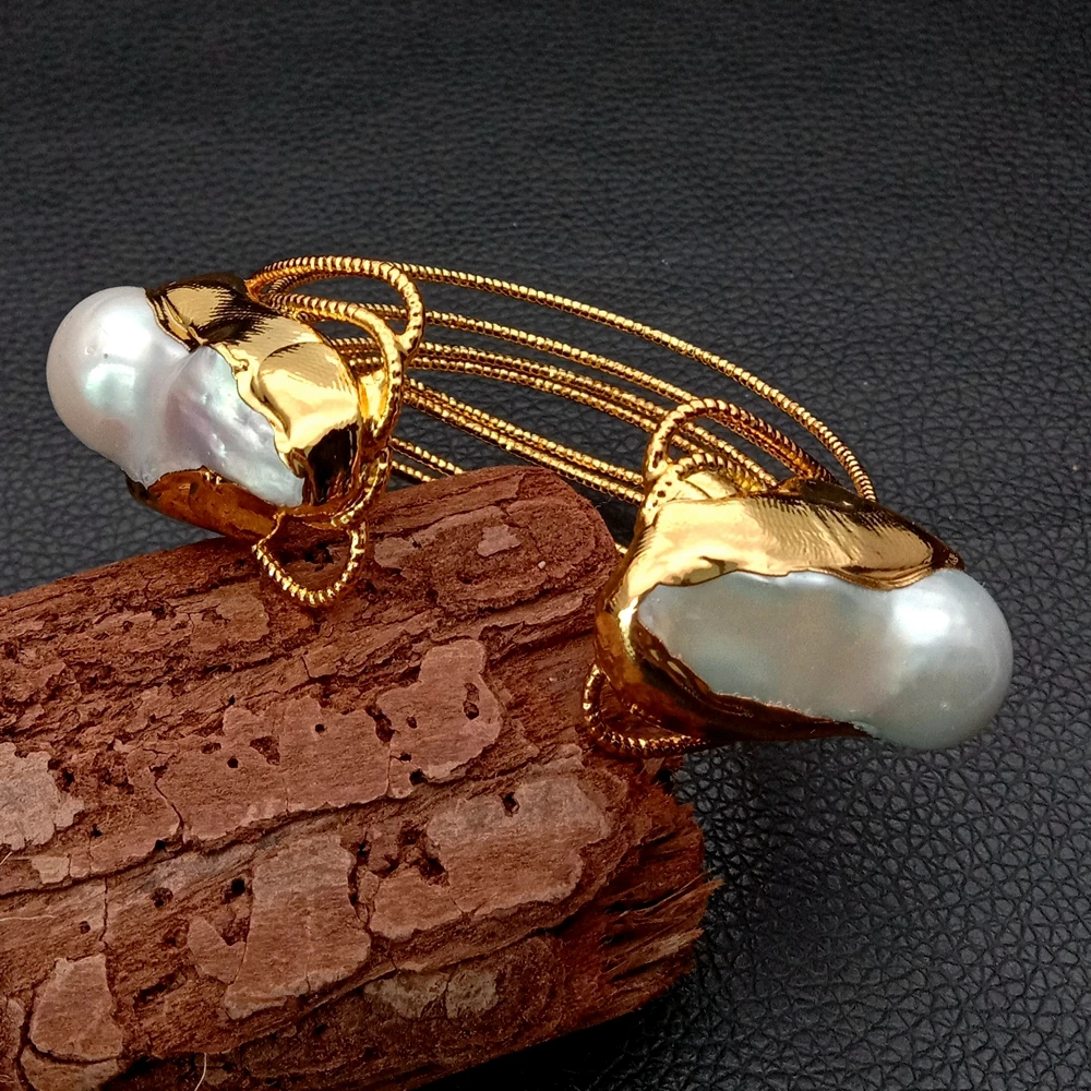 Y.YING Cultured White Keshi Pearl Bangle Gold Color Plated Bracelet