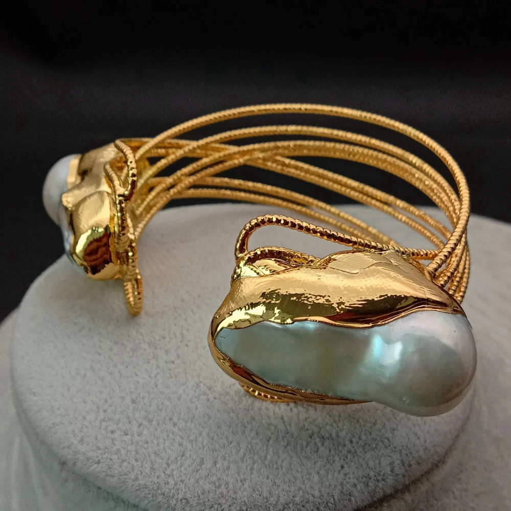 Y.YING Cultured White Keshi Pearl Bangle Gold Color Plated Bracelet