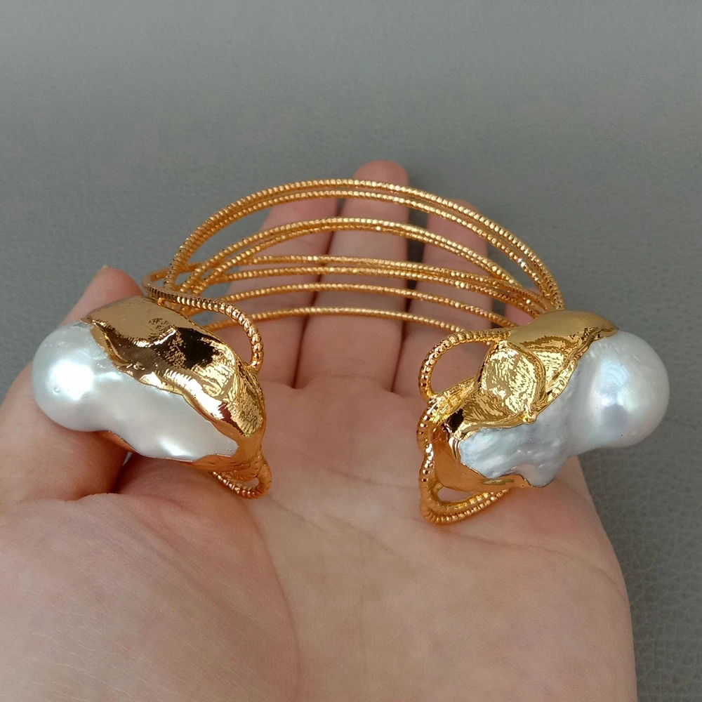 Y.YING Cultured White Keshi Pearl Bangle Gold Color Plated Bracelet