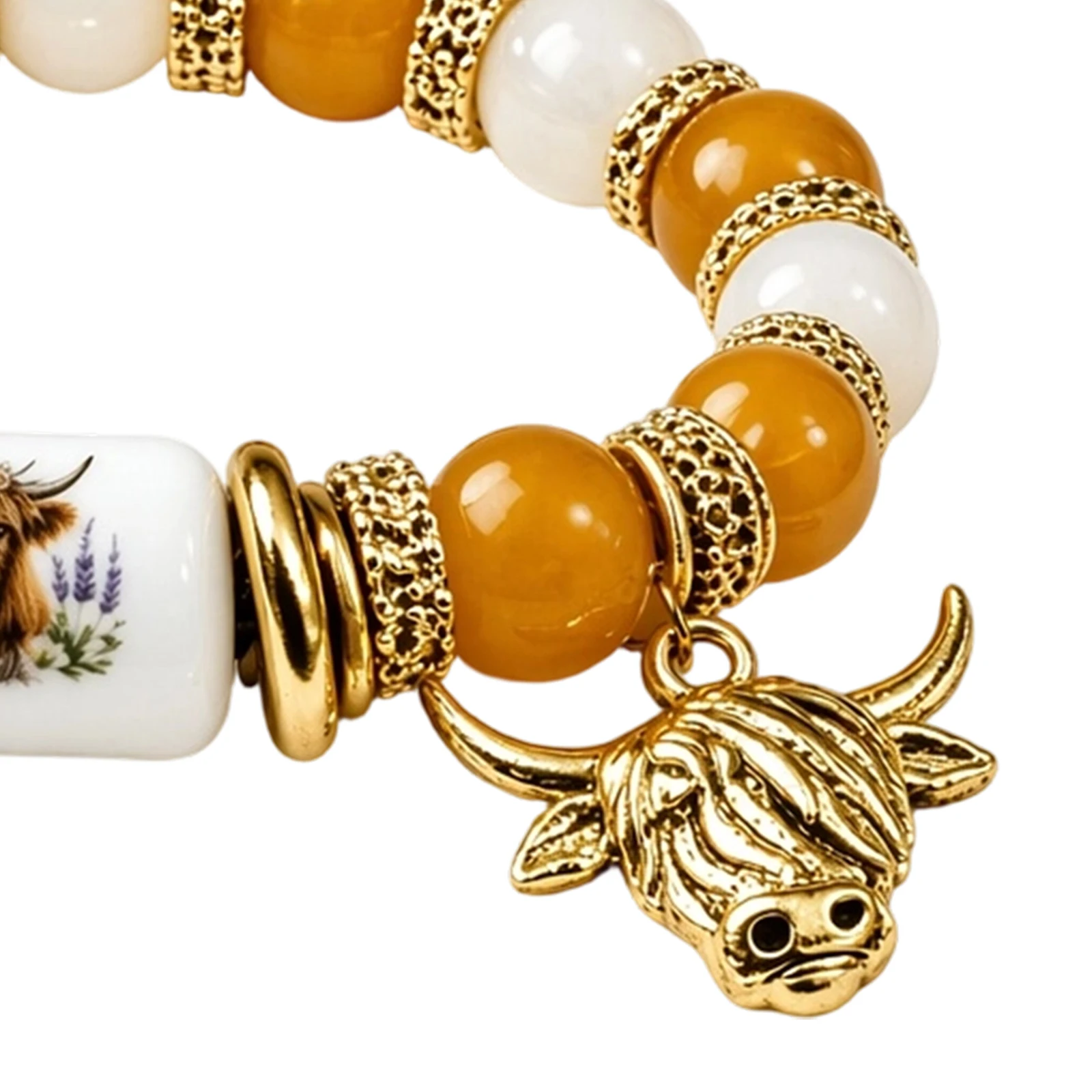 Highland Cow Crystal Ceramic Charm Bracelet Farmhouse Style Beaded Bracelet Stackable Statement Bangle for Mom Daughter Friend