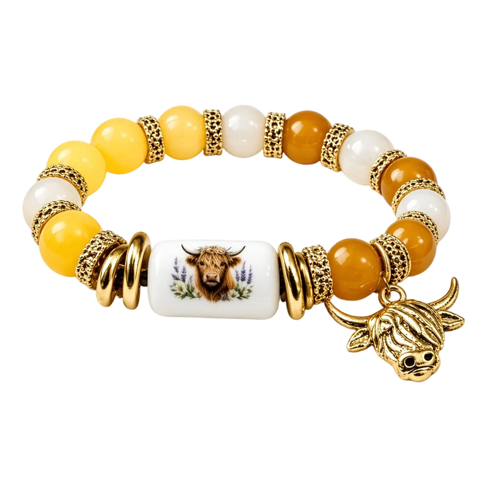 Highland Cow Crystal Ceramic Charm Bracelet Farmhouse Style Beaded Bracelet Stackable Statement Bangle for Mom Daughter Friend