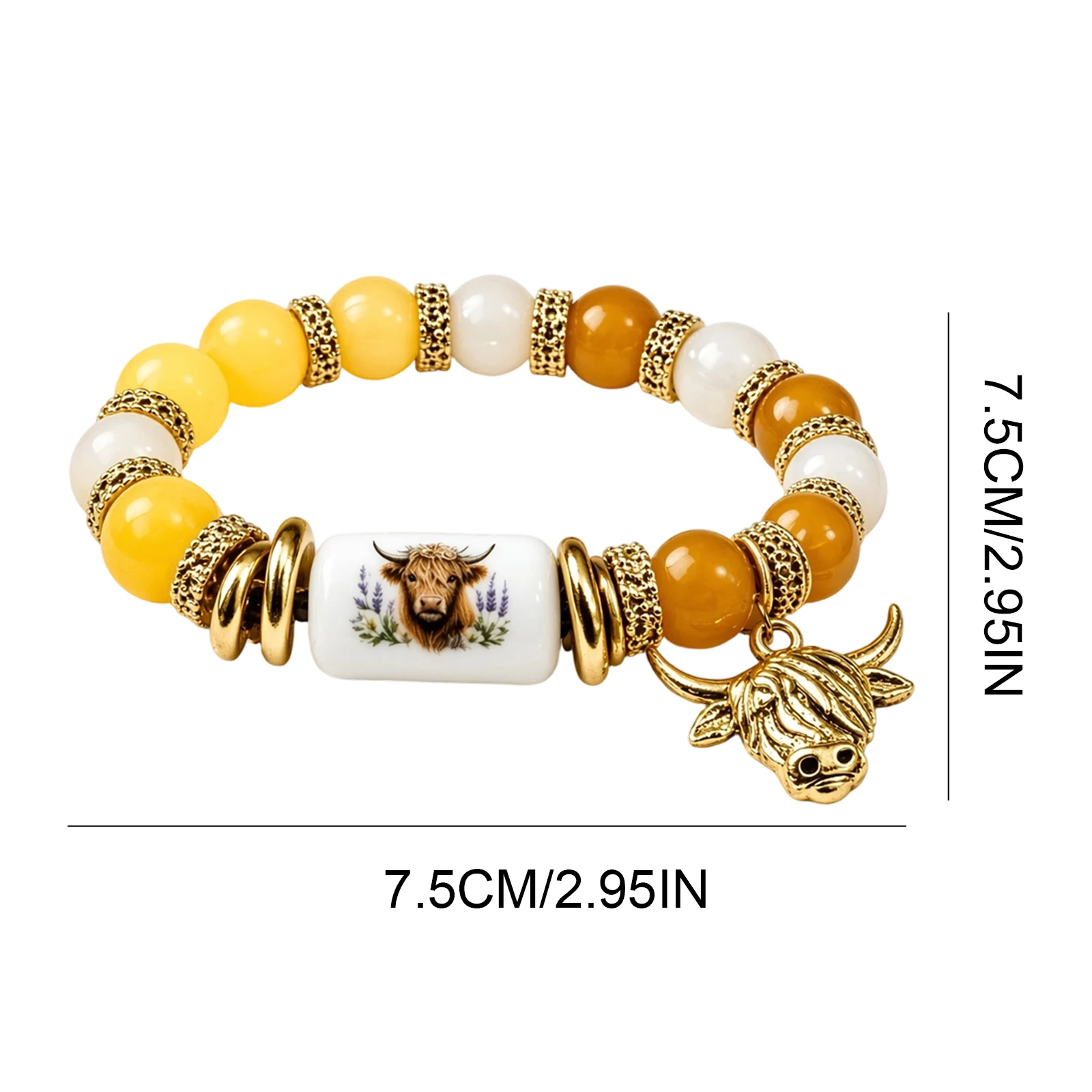 Highland Cow Crystal Ceramic Charm Bracelet Farmhouse Style Beaded Bracelet Stackable Statement Bangle for Mom Daughter Friend