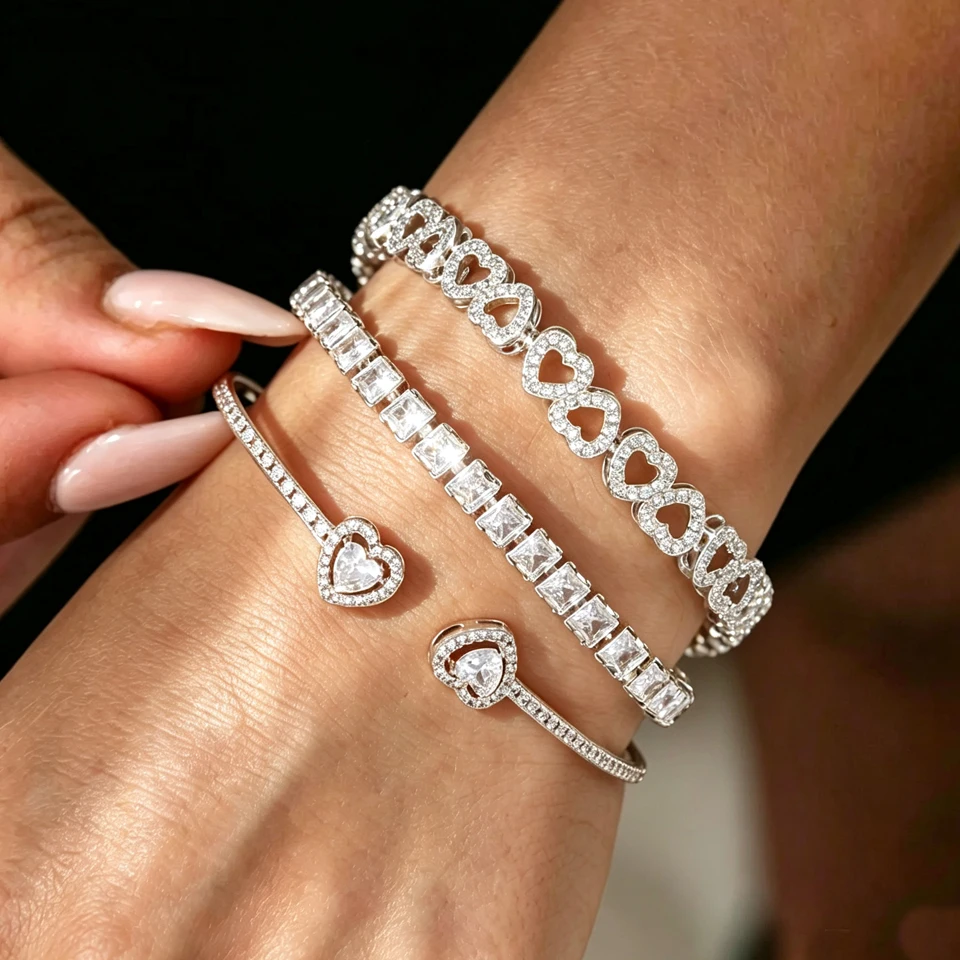 Yupsk Hip Hop Bracelet Stacking Jewelry for Women Men Shiny Geometric Heart Zirconia Inlaid Bracelets Party Jewelry