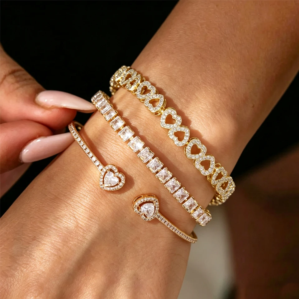 Yupsk Hip Hop Bracelet Stacking Jewelry for Women Men Shiny Geometric Heart Zirconia Inlaid Bracelets Party Jewelry