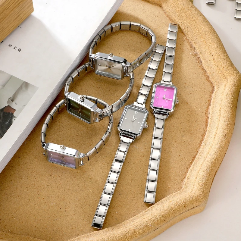 New DIY 9mm Width Italian Elastic Charm Stainless Square Watch Men Women Bracelet Bangle For Party Friend Birthday Jewelry Gift