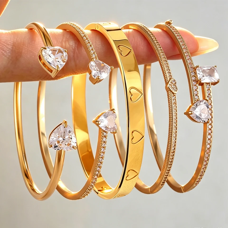 ZAKOL 5pcs Shiny Geometric Square Heart Zircon Bracelets Stainless Steel and Copper Mixed Cuff Bangles Women Jewelry Gift