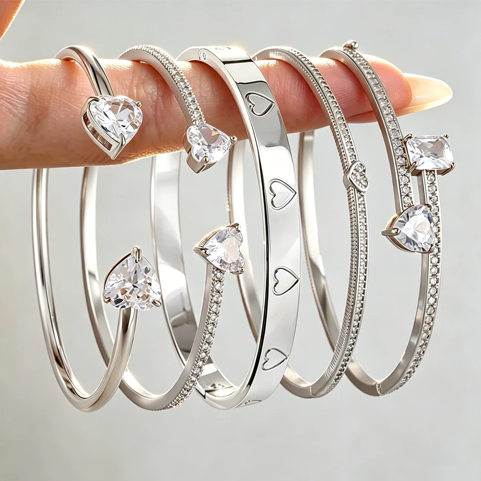 ZAKOL 5pcs Shiny Geometric Square Heart Zircon Bracelets Stainless Steel and Copper Mixed Cuff Bangles Women Jewelry Gift