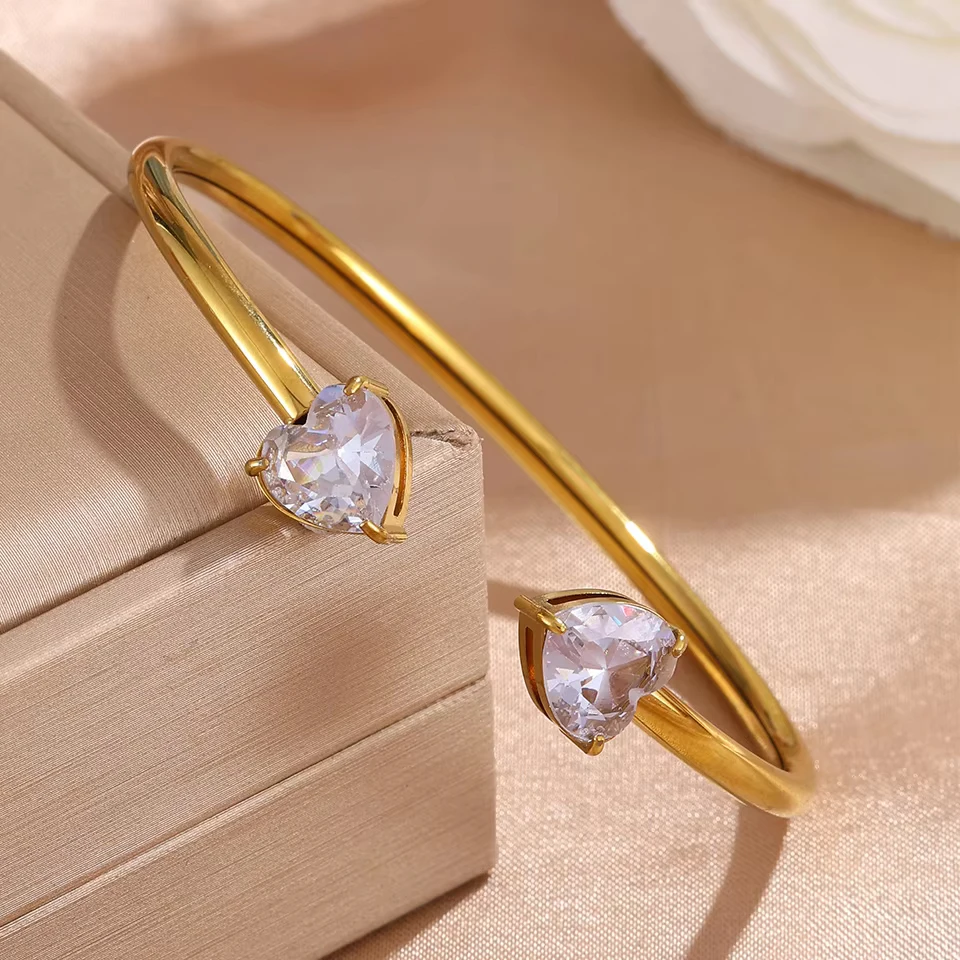 ZAKOL 5pcs Shiny Geometric Square Heart Zircon Bracelets Stainless Steel and Copper Mixed Cuff Bangles Women Jewelry Gift
