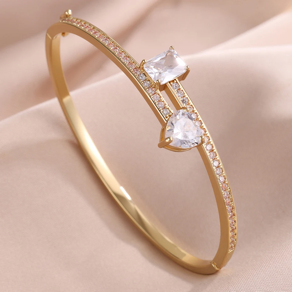 ZAKOL 5pcs Shiny Geometric Square Heart Zircon Bracelets Stainless Steel and Copper Mixed Cuff Bangles Women Jewelry Gift