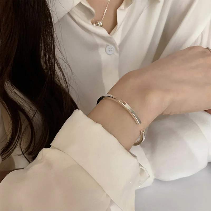 PANJBJ 925 Sterling Silver Irregular Geometry Texture Bangle Bracelet for Women Girl Minimalism Jewelry Gift Dropshipping