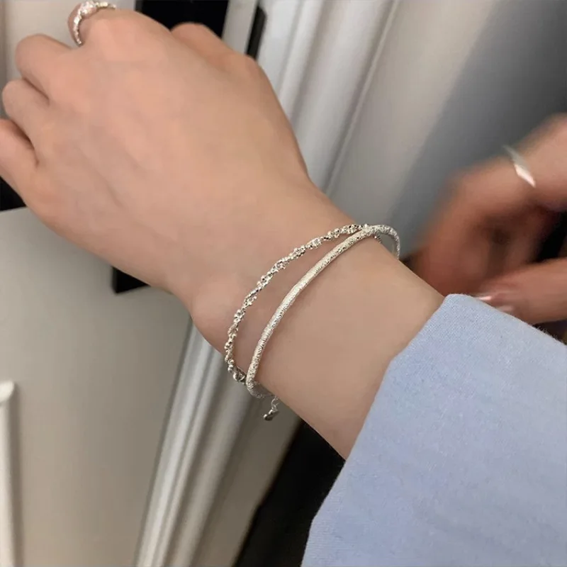 PANJBJ 925 Sterling Silver Irregular Geometry Texture Bangle Bracelet for Women Girl Minimalism Jewelry Gift Dropshipping