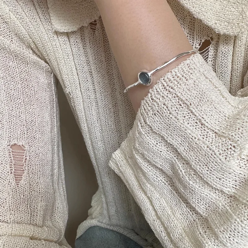 PANJBJ 925 Sterling Silver Irregular Geometry Texture Bangle Bracelet for Women Girl Minimalism Jewelry Gift Dropshipping