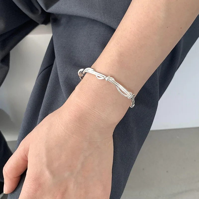 PANJBJ 925 Sterling Silver Irregular Geometry Texture Bangle Bracelet for Women Girl Minimalism Jewelry Gift Dropshipping