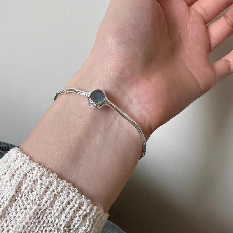 PANJBJ 925 Sterling Silver Irregular Geometry Texture Bangle Bracelet for Women Girl Minimalism Jewelry Gift Dropshipping