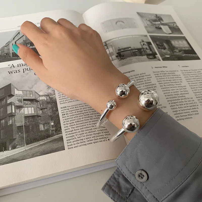 PANJBJ 925 Sterling Silver Irregular Geometry Texture Bangle Bracelet for Women Girl Minimalism Jewelry Gift Dropshipping