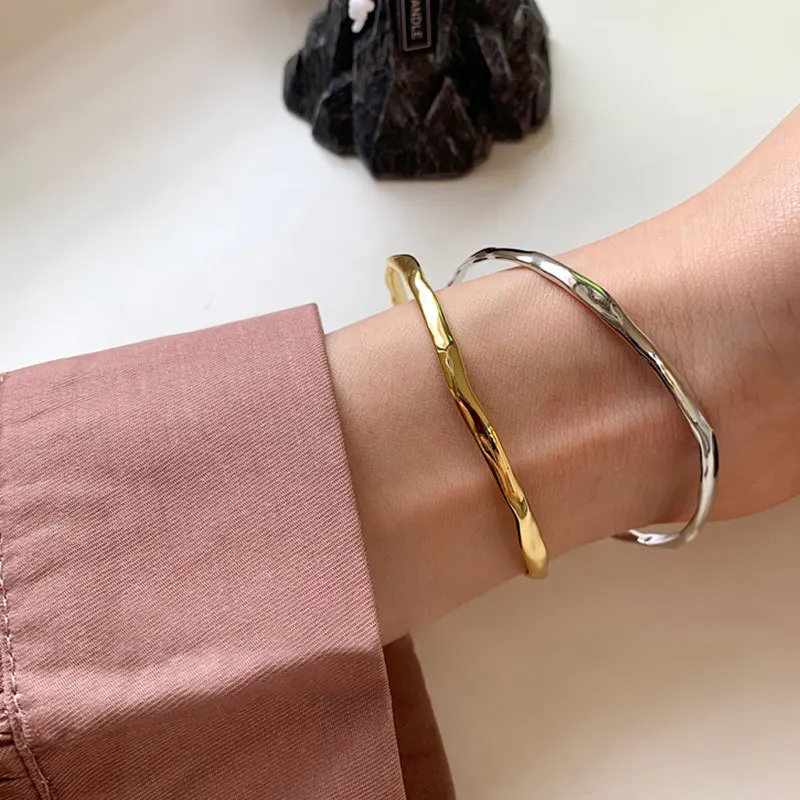 PANJBJ 925 Sterling Silver Irregular Geometry Texture Bangle Bracelet for Women Girl Minimalism Jewelry Gift Dropshipping PANJBJ 925 Sterling Silver Irregular Geometry Texture Bangle Bracelet for Women Girl Minimalism Jewelry Gift Dropshipping