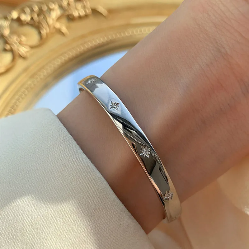 PANJBJ 925 Sterling Silver Irregular Geometry Texture Bangle Bracelet for Women Girl Minimalism Jewelry Gift Dropshipping