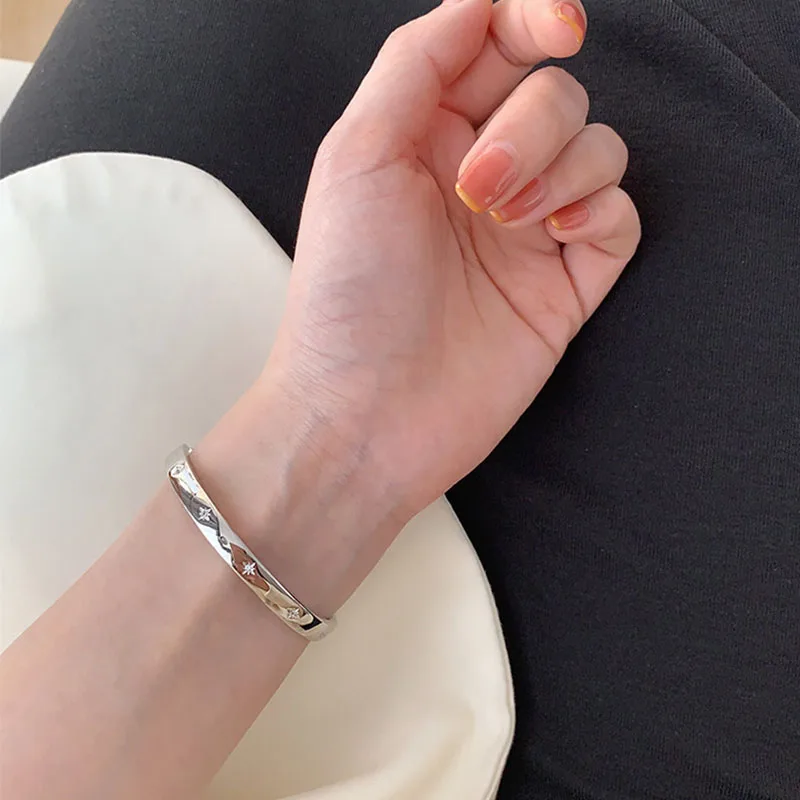 PANJBJ 925 Sterling Silver Irregular Geometry Texture Bangle Bracelet for Women Girl Minimalism Jewelry Gift Dropshipping